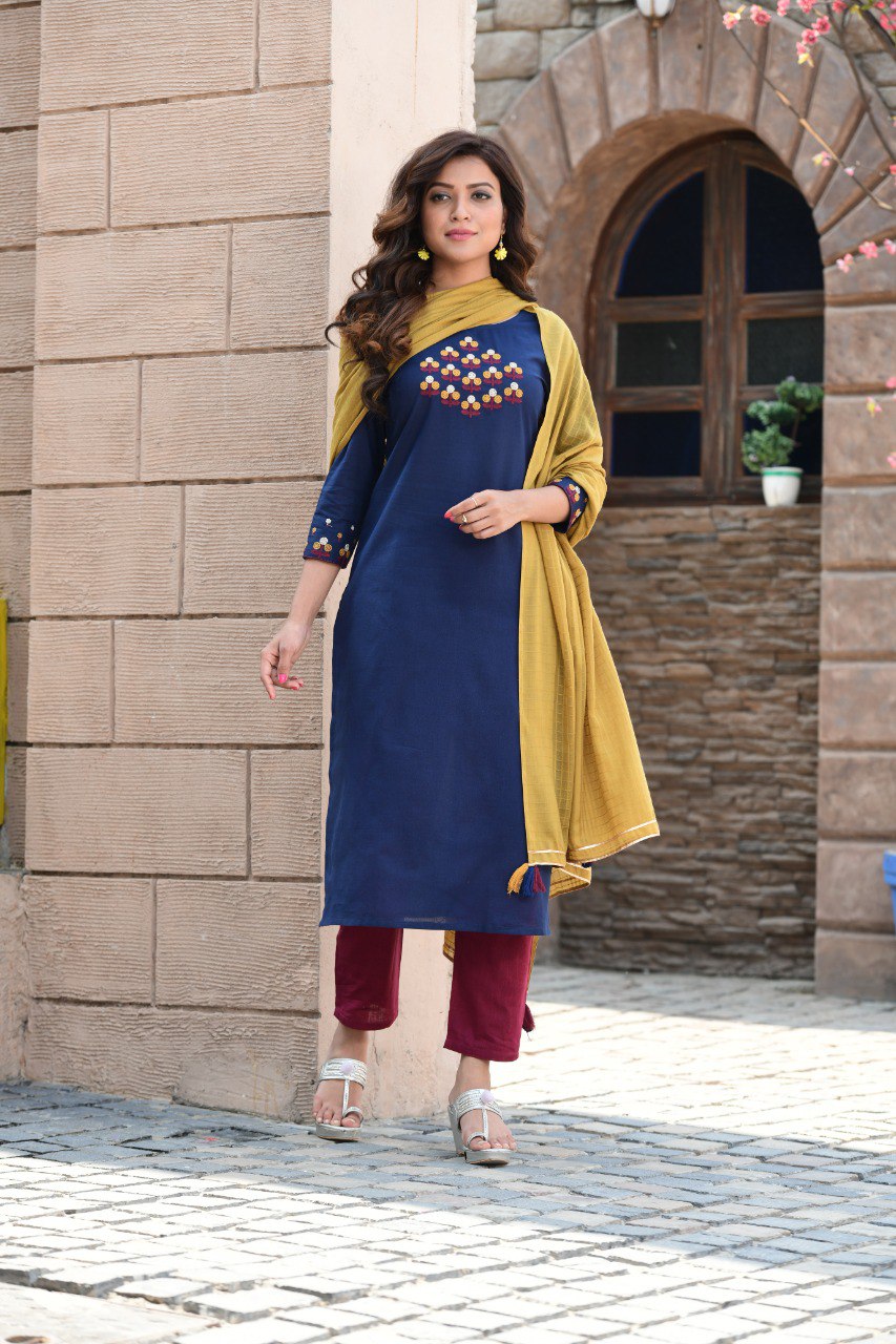 New Latest Cotton Embroidered Kurti With Pant & Dupatta - Joshindia