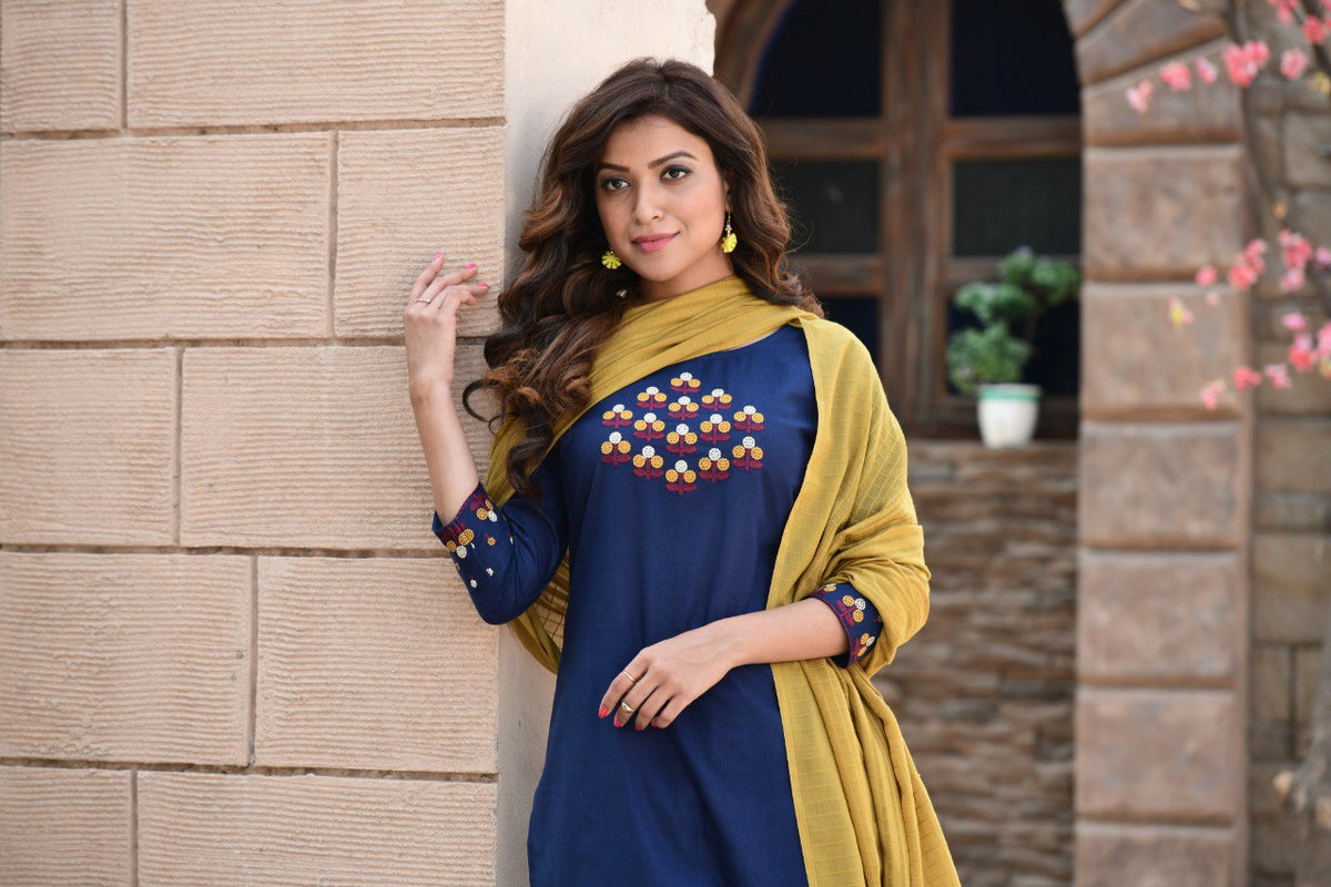 New Latest Cotton Embroidered Kurti With Pant & Dupatta - Joshindia