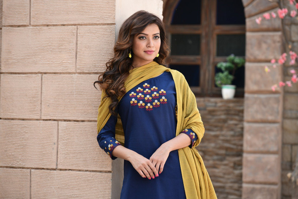 New Latest Cotton Embroidered Kurti With Pant & Dupatta - Joshindia