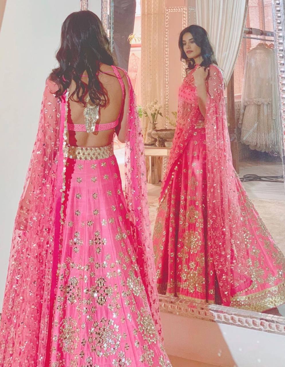 pink color mirror work lehenga choli at affordable price - Joshindia