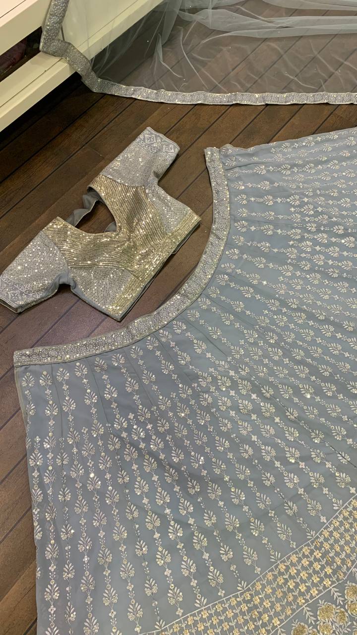 sky color Georgette designer lehenga choli - Joshindia