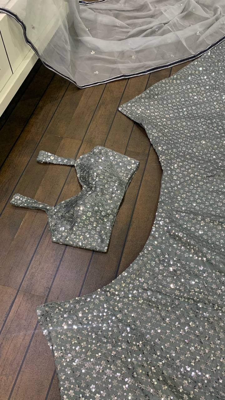 grey color designer sequence work lehenga choli - Joshindia