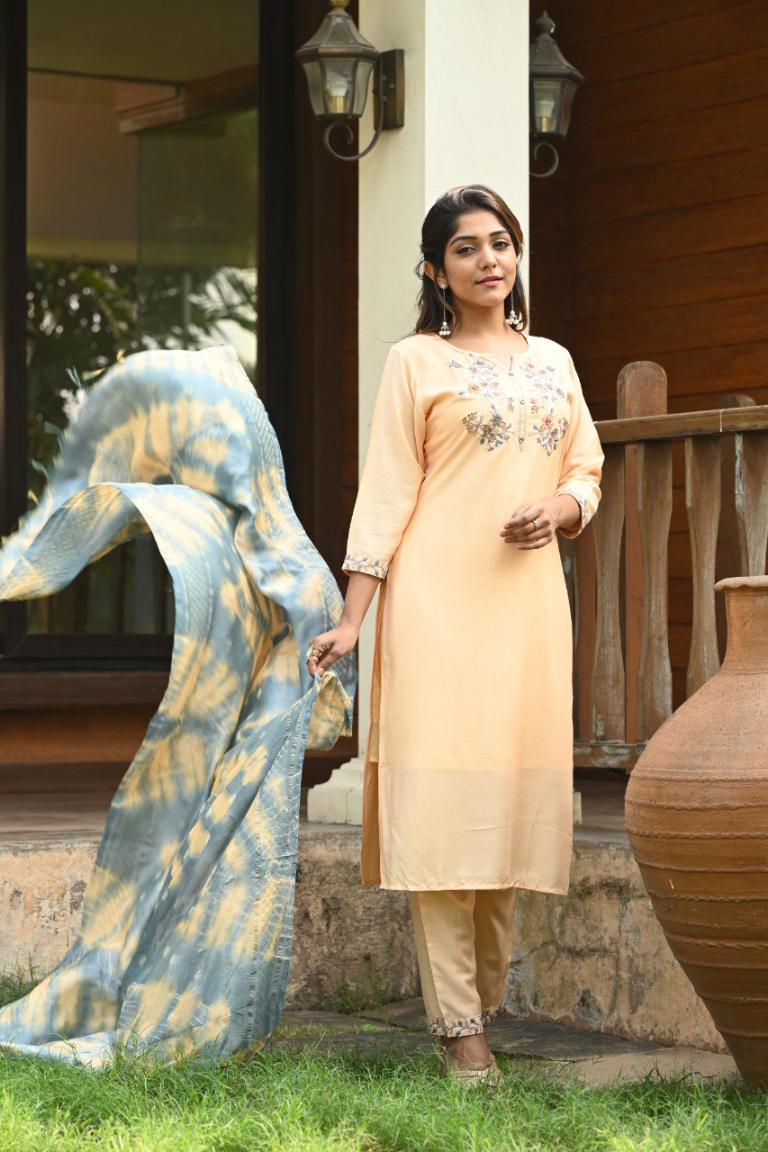 Muslin Embroidered Kurti With Pant & Dupatta - Joshindia