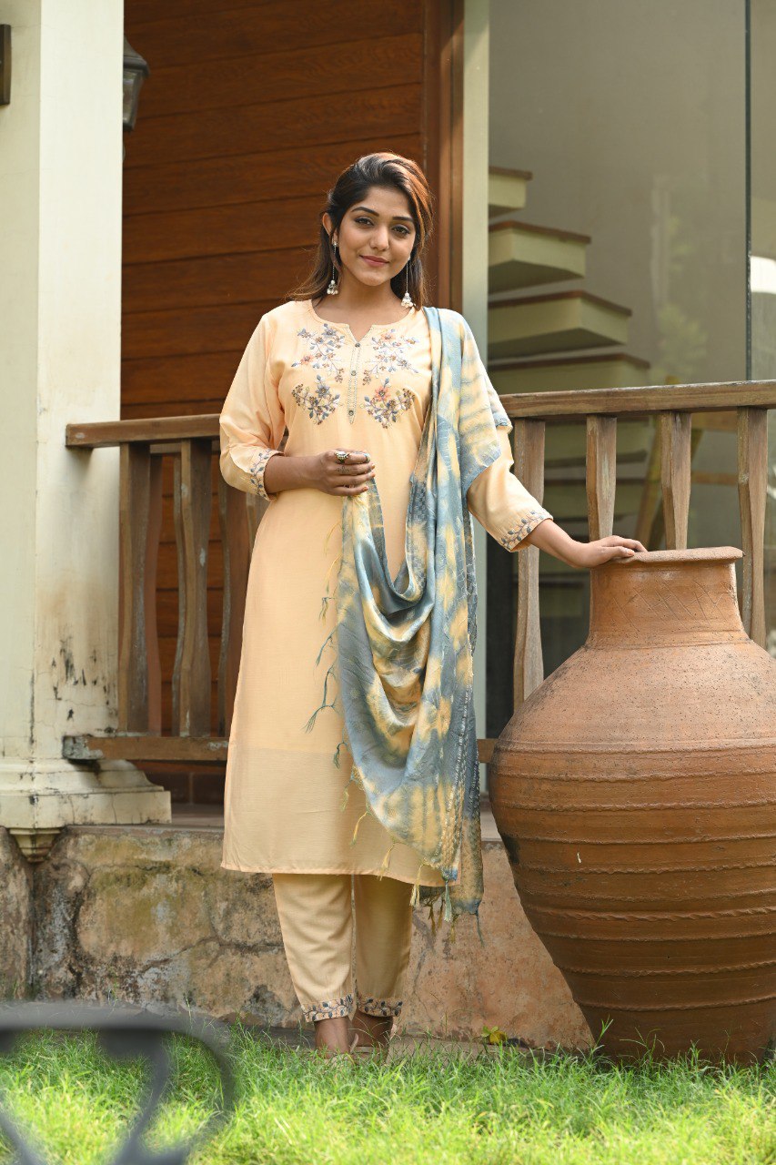 Muslin Embroidered Kurti With Pant & Dupatta - Joshindia