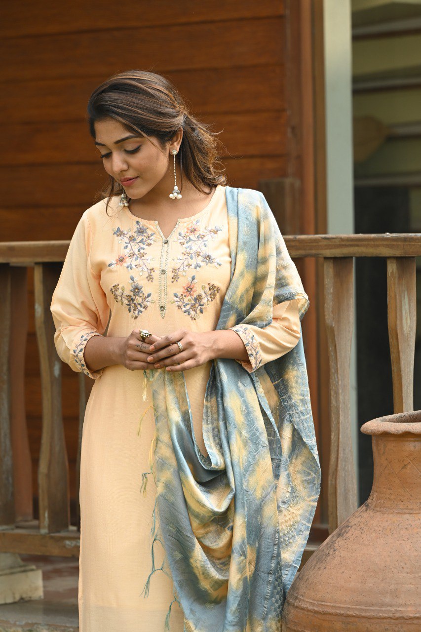 Muslin Embroidered Kurti With Pant & Dupatta - Joshindia