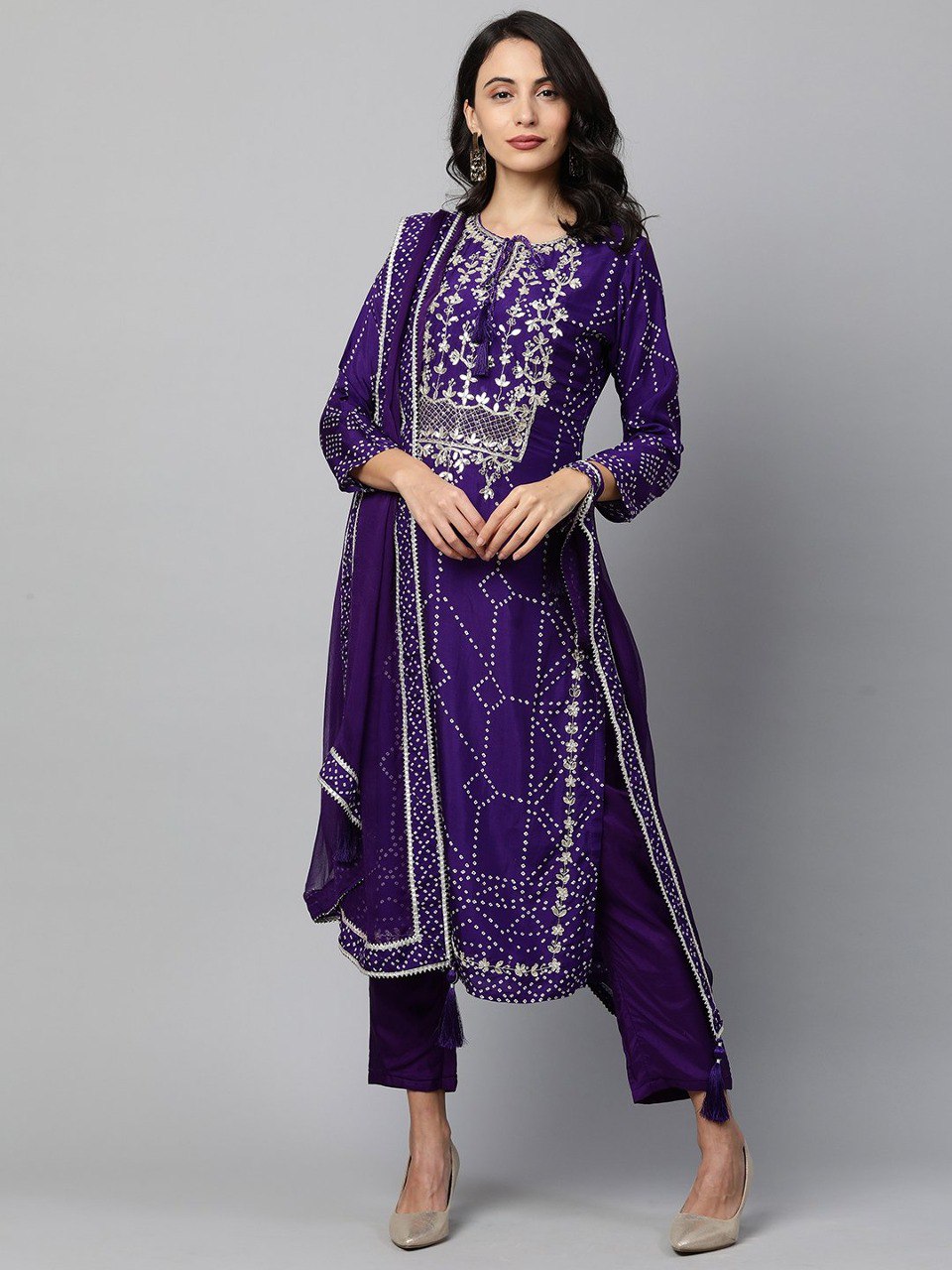 Zardosi Work And Bandhani Print Kurta With Pant - Joshindia