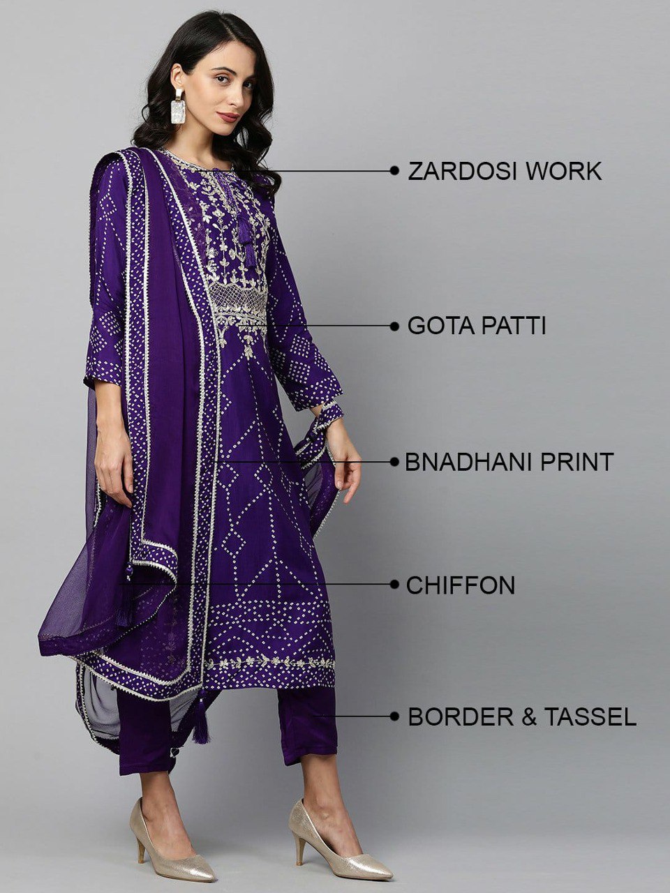 Zardosi Work And Bandhani Print Kurta With Pant - Joshindia