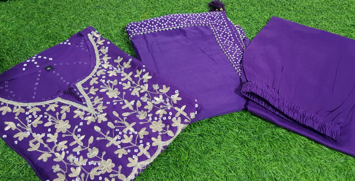 Zardosi Work And Bandhani Print Kurta With Pant - Joshindia