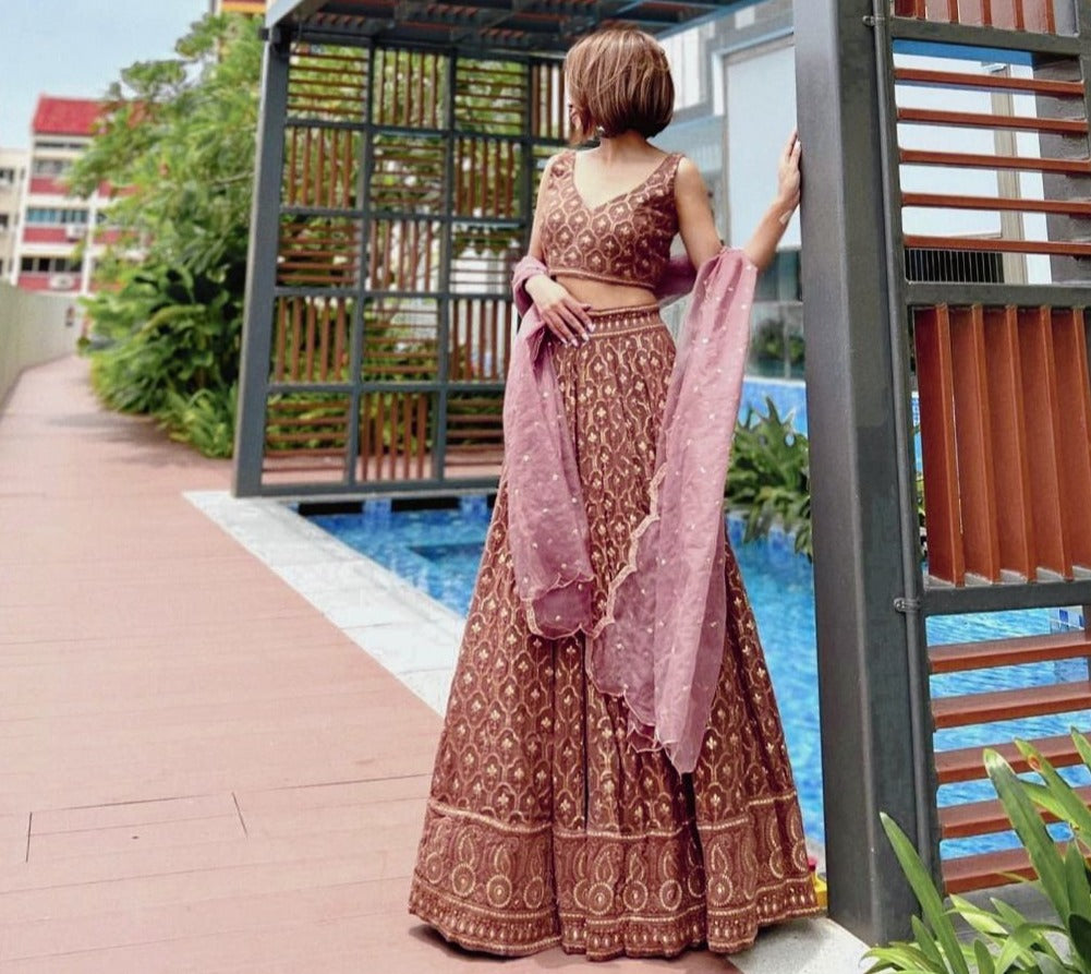 Dusty Pink color designer embroidery sequence work lehenga choli - Joshindia