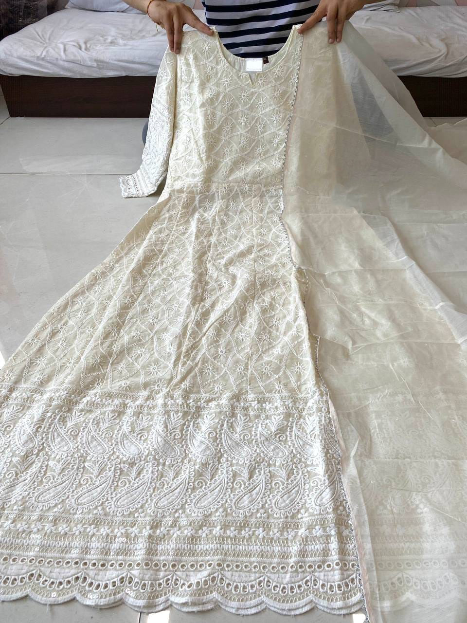 Beautiful Anarkali Chikan SequnceGown With Dupatta - Joshindia