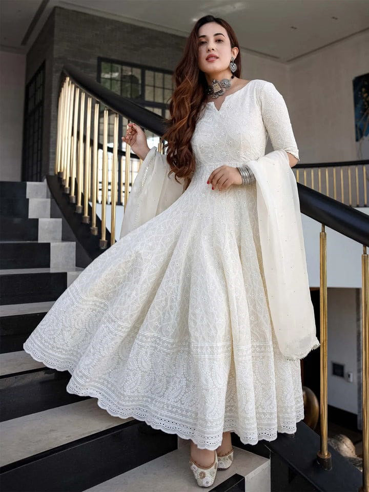 Beautiful Anarkali Chikan SequnceGown With Dupatta - Joshindia