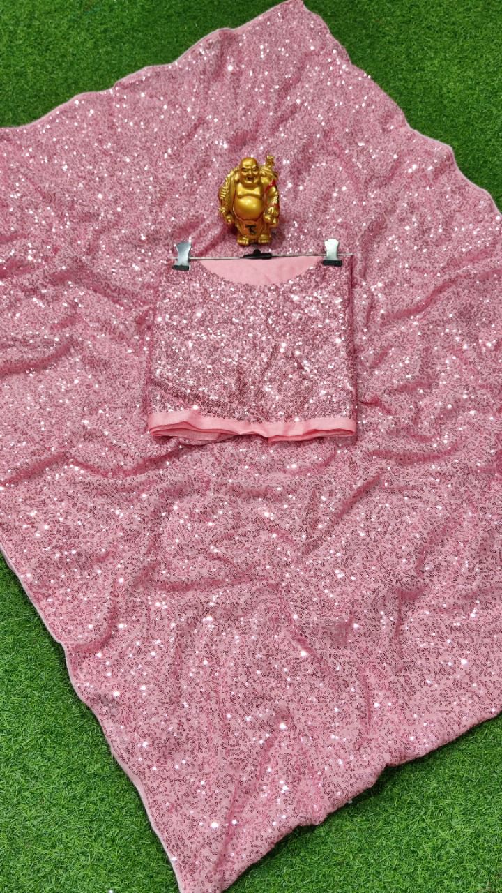 BEAUTIFULPINK COLOUR SEQUENCE WORK SAREE WITH BLOUSE - Joshindia