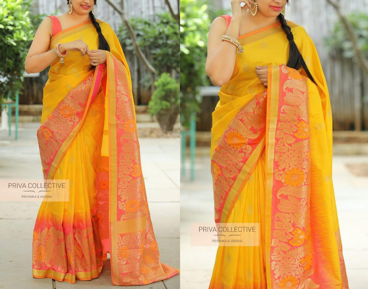 Yellow color kanjiveram silk saree - Joshindia