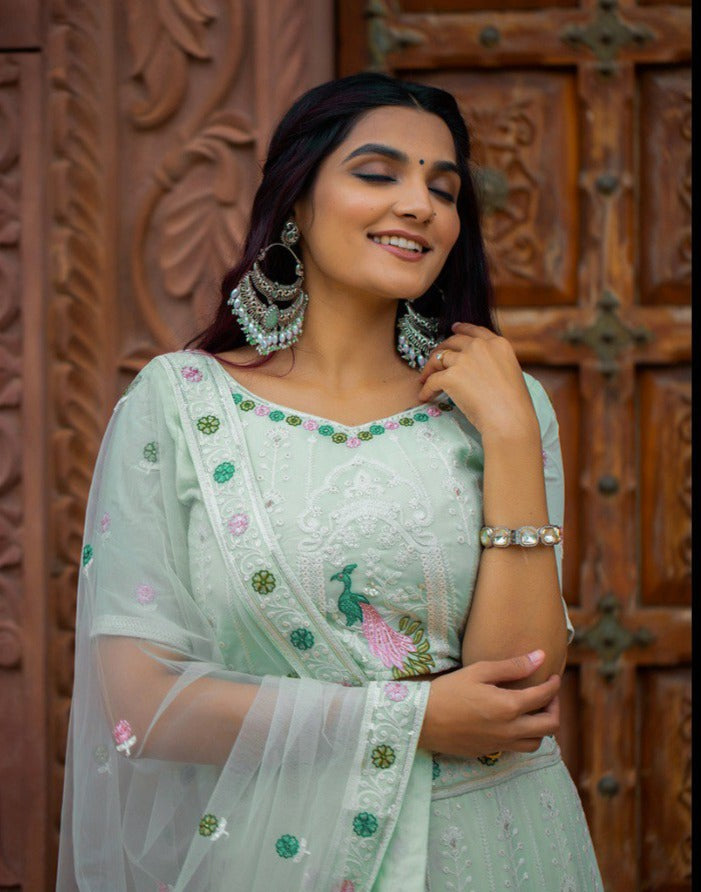 Navratri Special Designer Pista Color Lehenga Choli For Trendy Look - Joshindia