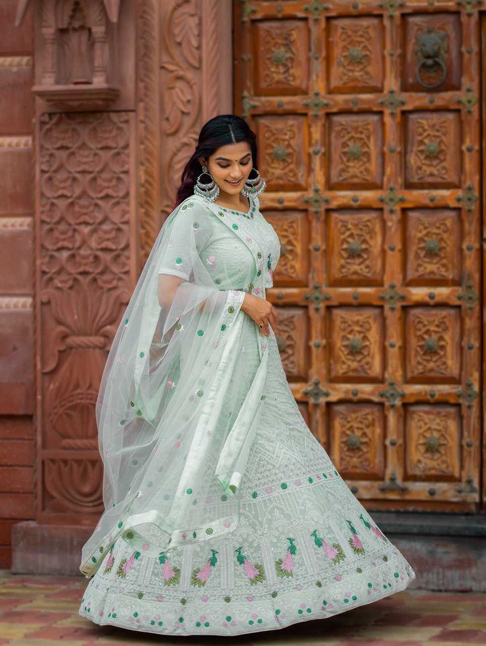 Navratri Special Designer Pista Color Lehenga Choli For Trendy Look - Joshindia