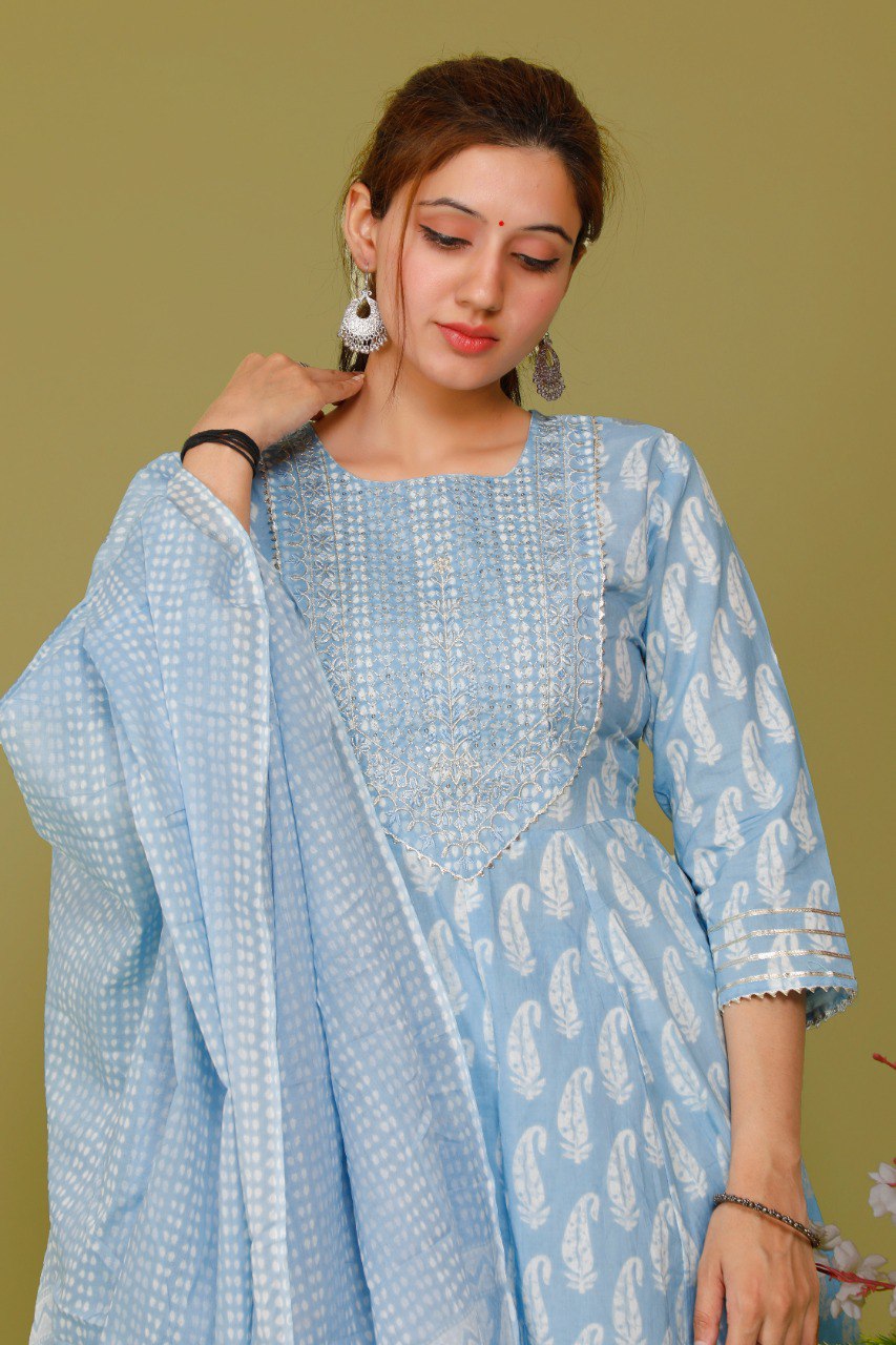 Light Blue Color Short anaarkali kurti with full flair sharara and dupatta - Joshindia
