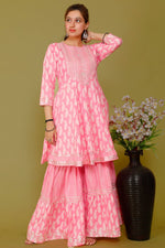Light Pink Color Short anaarkali kurti with full flair sharara and dupatta - Joshindia