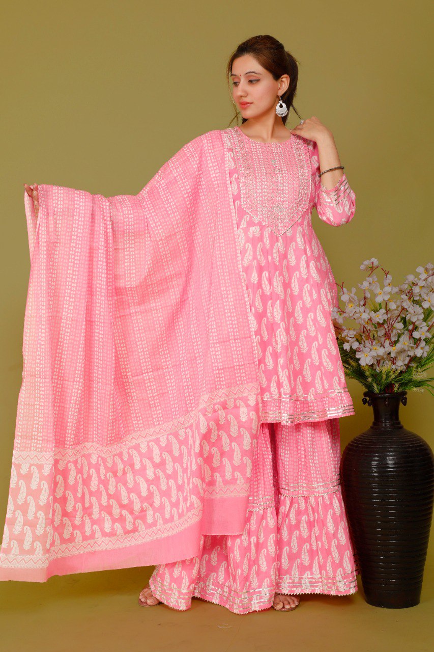 Light Pink Color Short anaarkali kurti with full flair sharara and dupatta - Joshindia