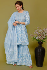 Light Blue Color Short anaarkali kurti with full flair sharara and dupatta - Joshindia