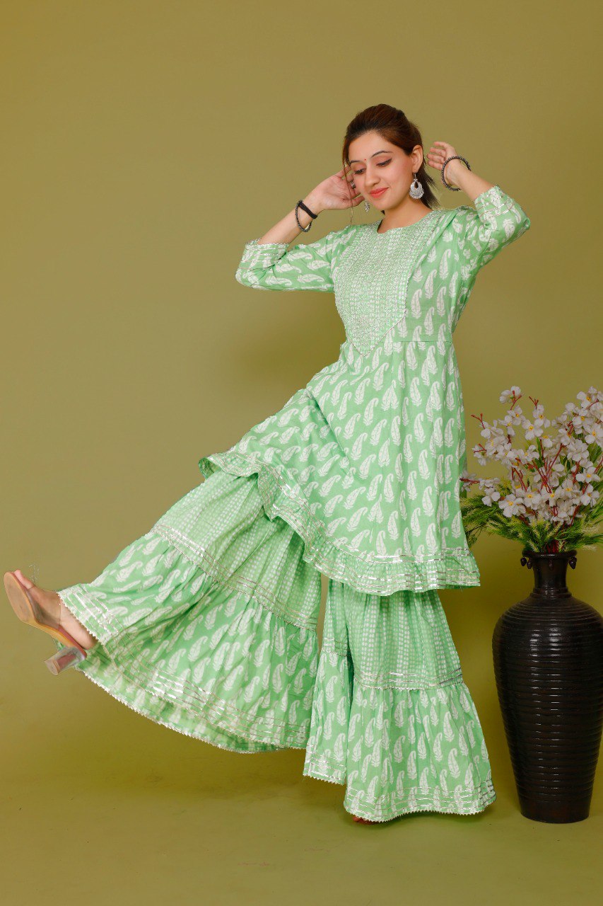 Light Pista Color Short anaarkali kurti with full flair sharara and dupatta - Joshindia
