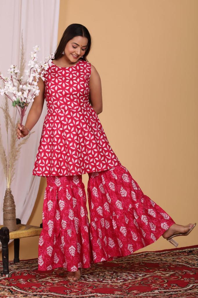 Beautiful Red Color Heavy Cotton Kurti with Sharara And Dupatta - Joshindia