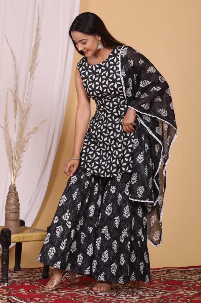 Beautiful Black Color Heavy Cotton Kurti with Sharara And Dupatta - Joshindia