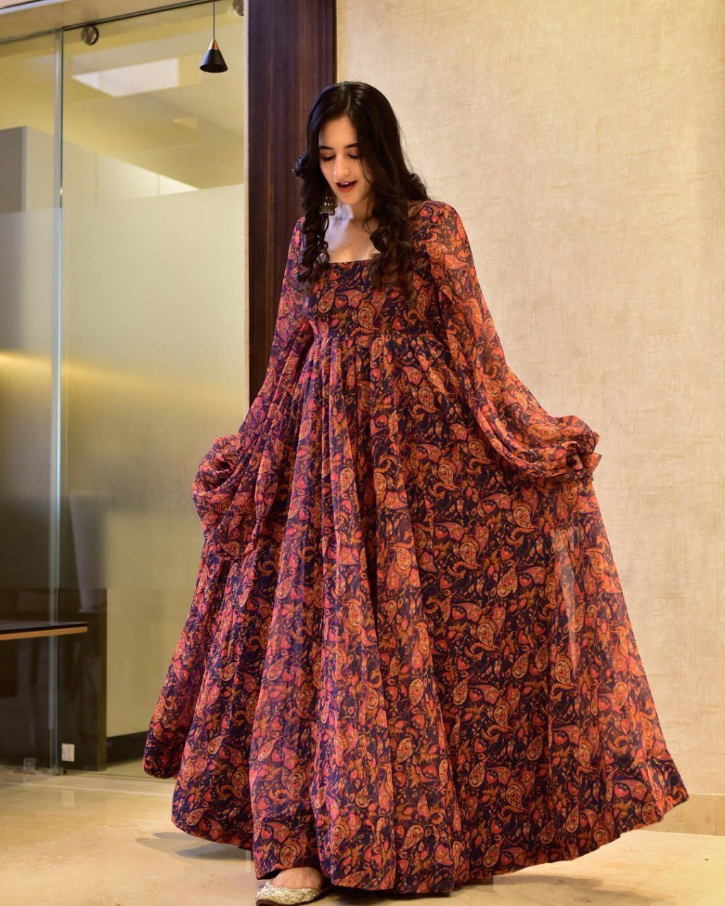 Designer Long Ruffle Dress With Floral Print– Joshindia