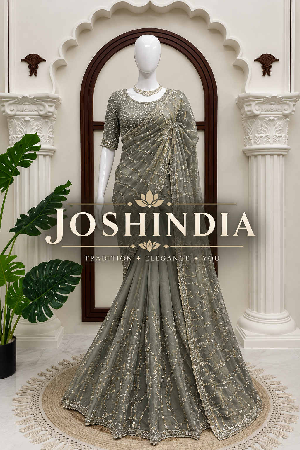 Grey Heavy Sequins Embroidered Tissue Saree with Blouse Wedding Party Wear