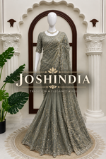 Grey Heavy Sequins Embroidered Tissue Saree with Blouse Wedding Party Wear