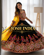 Navratri Black Chaniya Choli Kutchi Mirror Work with Yellow Dupatta Garba