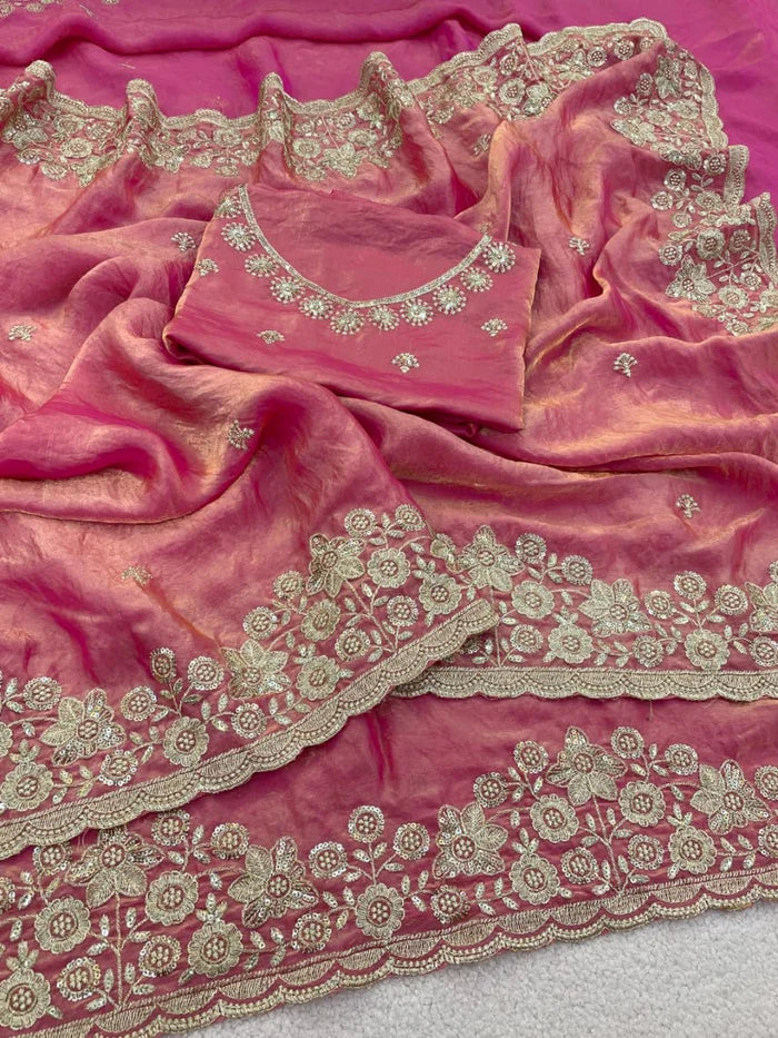Graceful Pink Organza Satin Silk Saree