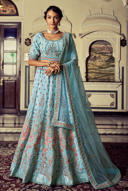 Buy Beautiful Heavy Designer Turquoise Color Lehenga Choli For Reception Look