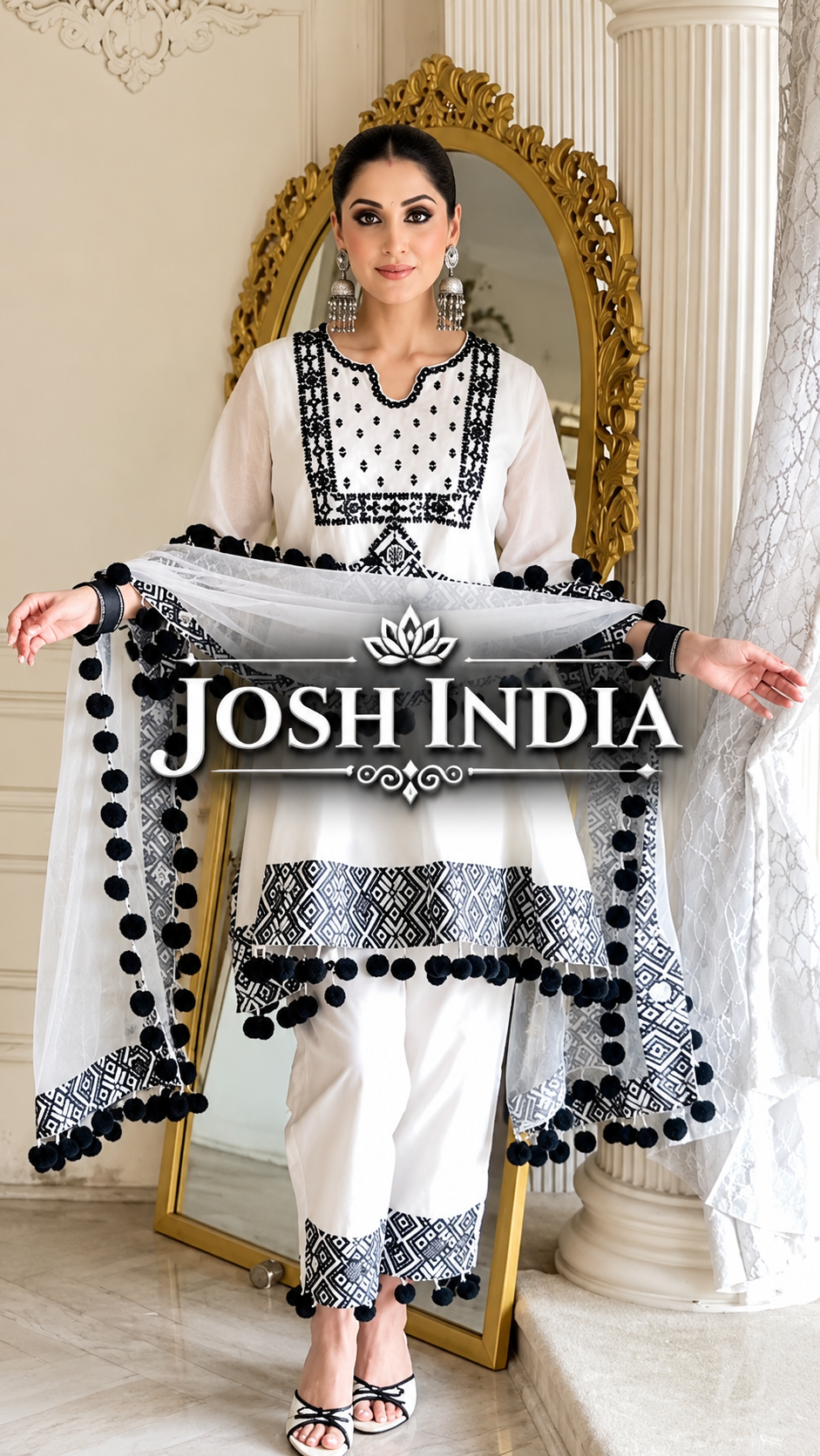 White Natural Crepe Top Pant Dupatta Set Real Mirror Thread Work Fully Stitched