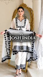 White Natural Crepe Top Pant Dupatta Set Real Mirror Thread Work Fully Stitched