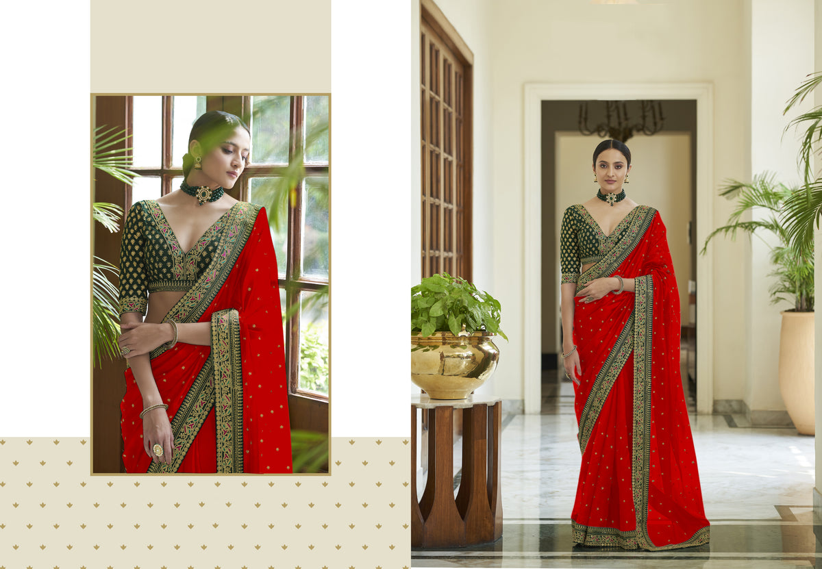 Designer Red Color Vichitra silk saree - Joshindia