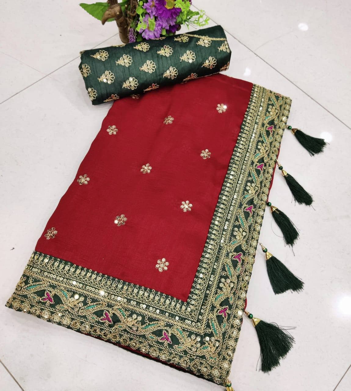 Designer Red Color Vichitra silk saree - Joshindia