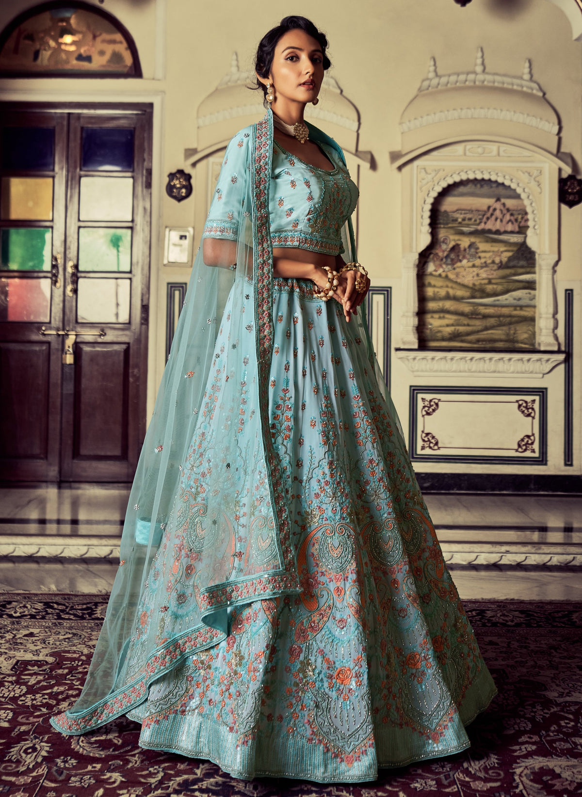 Buy Beautiful Heavy Designer Turquoise Color Lehenga Choli For Reception Look - Joshindia