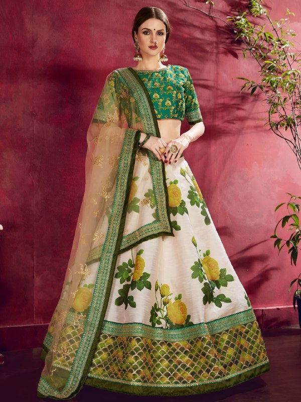 Ivory Floral Lehenga Choli with Emerald Green Embroidered Blouse & Net Dupatta