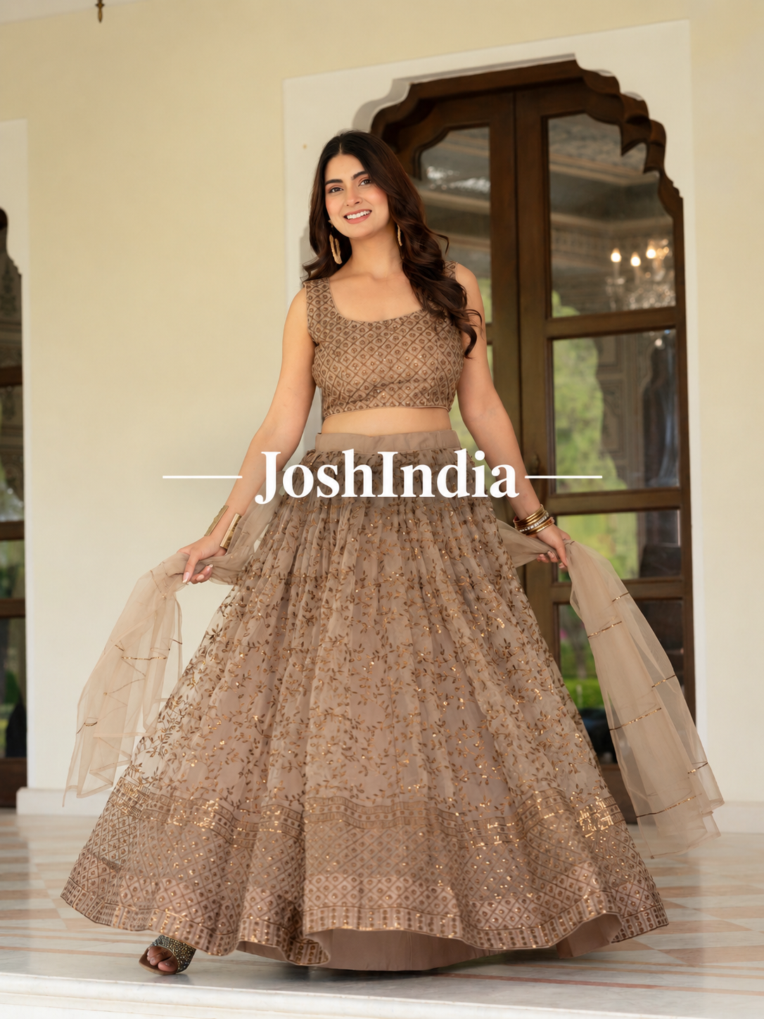 Brown Sequins Embroidered Lehenga Choli with Dupatta for Women Party Wear