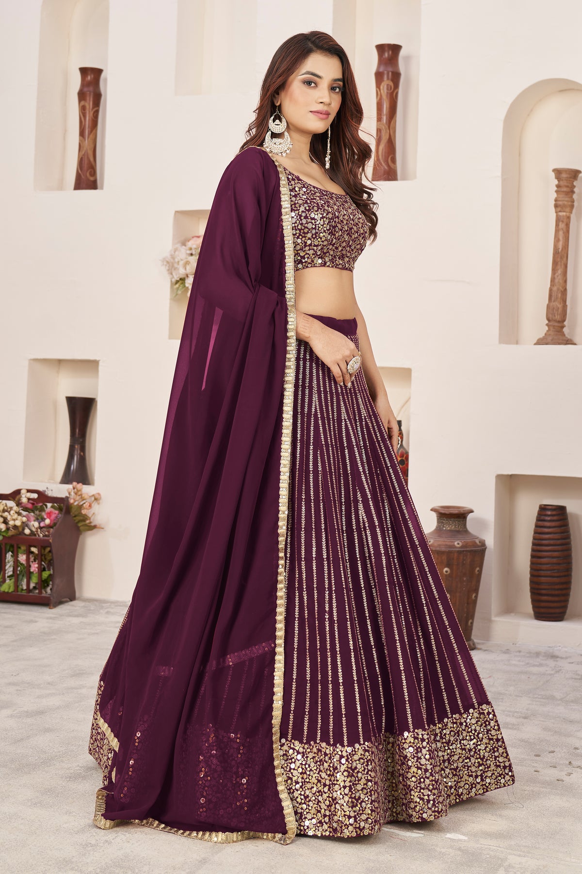 Wine Festive Sequins Embroidered Lehenga Set - Joshindia