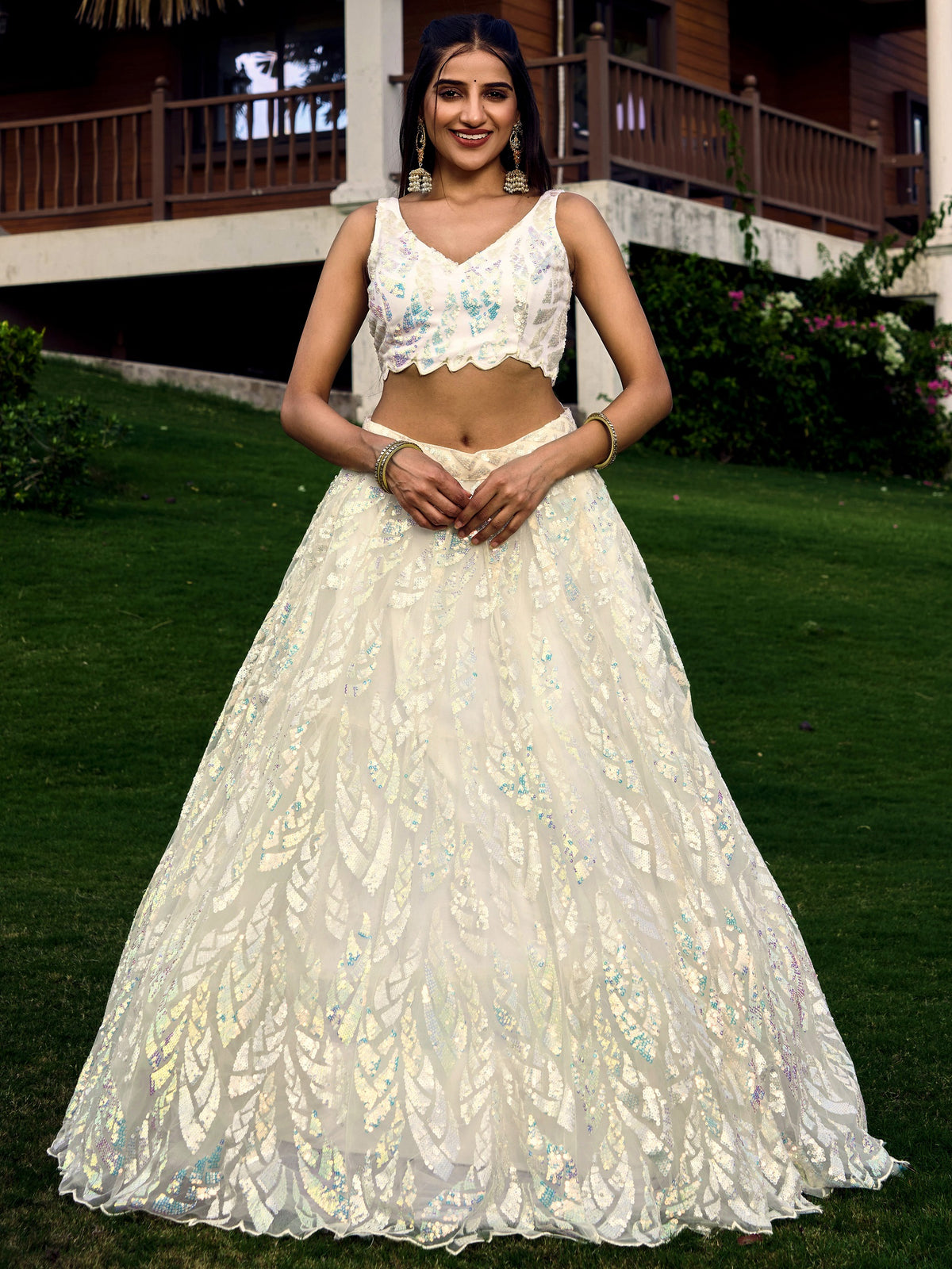 White breezy lehenga crafted with thread embroidery work - Joshindia