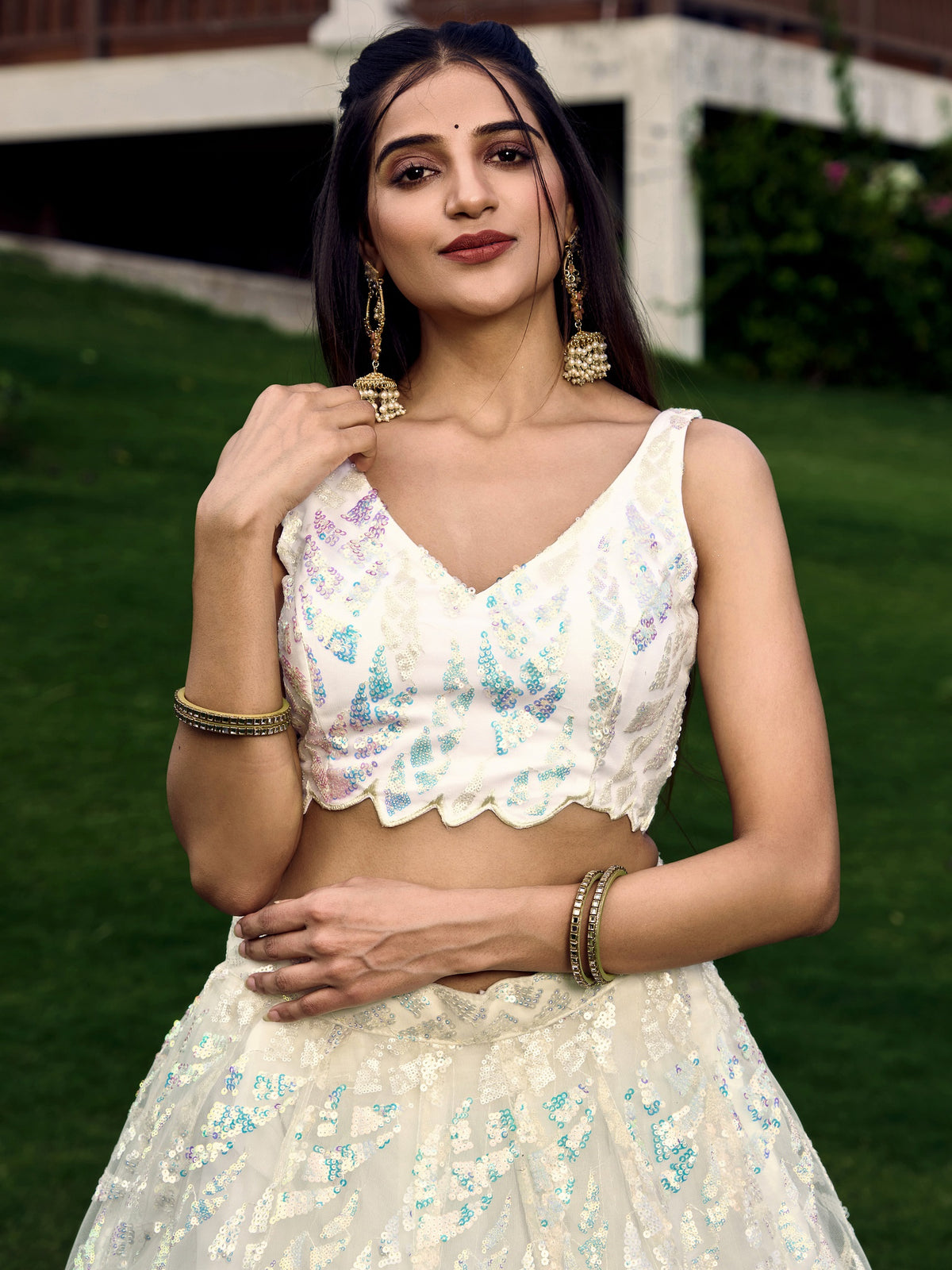 White breezy lehenga crafted with thread embroidery work - Joshindia