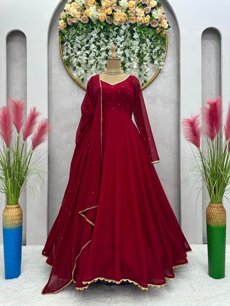 Designer Red Color Party Style Embroidered Fancy Fabric Readymade Gown