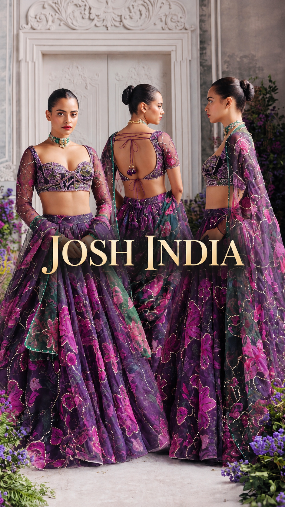 Wine Purple Floral PrintTabby Silk Lehenga Choli Sequins Work Dupatta Wedding