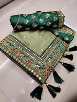 Embellished Olive green two tone vichitra silk saree - Joshindia