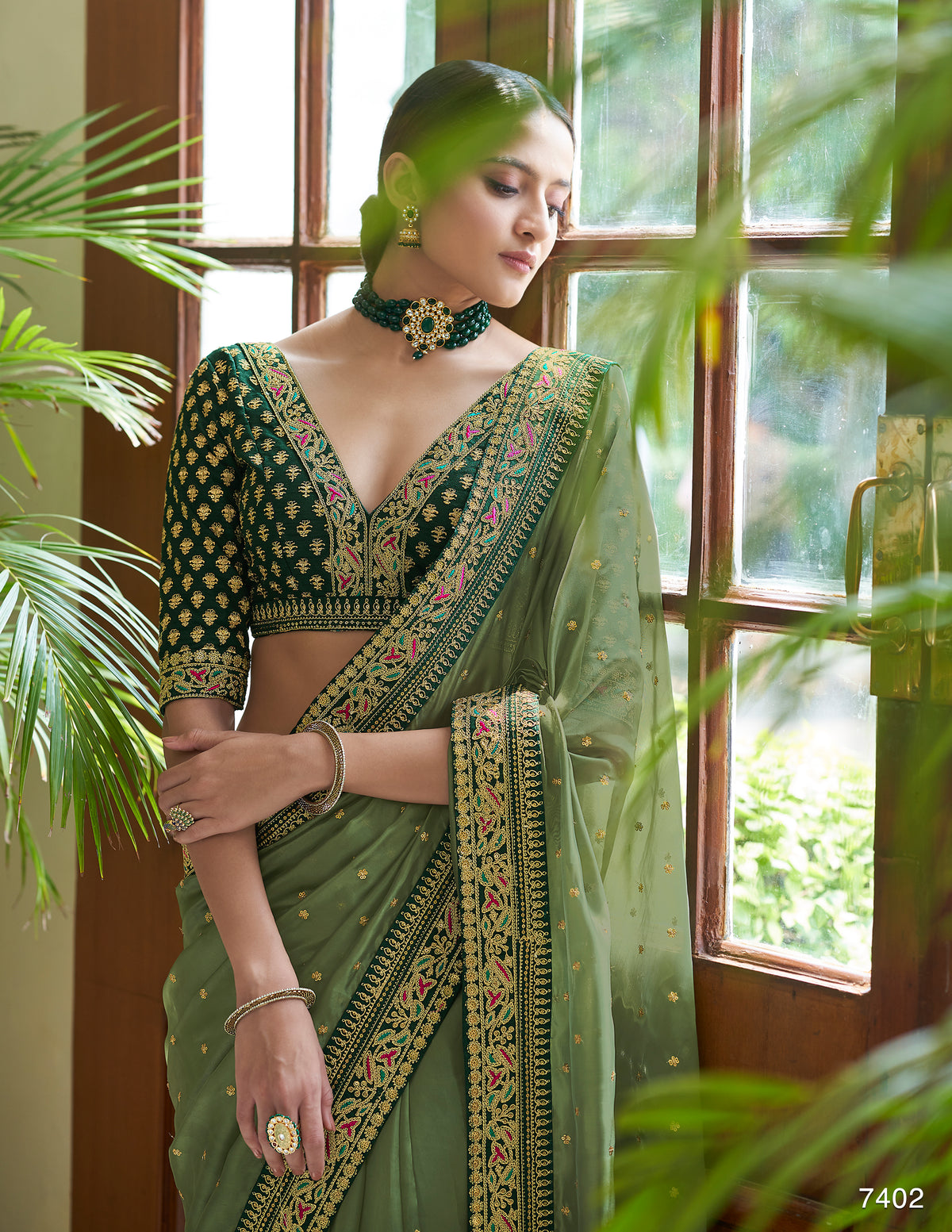 Embellished Olive green two tone vichitra silk saree - Joshindia