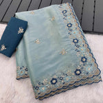 Sky Blue Jimmy Choo Chiffon Party Wear Saree with Heavy Pallu Embroidery