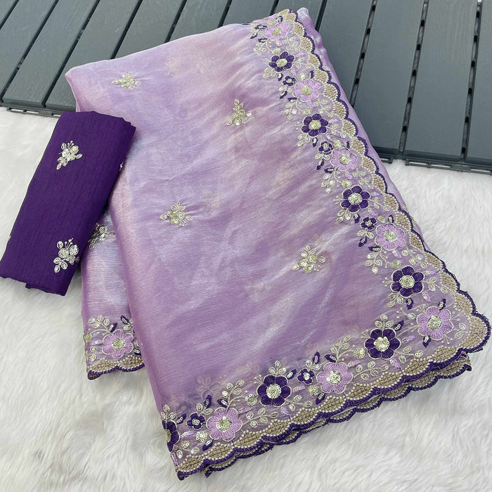 Lavender Jimmy Choo Chiffon Party Wear Saree with Heavy Pallu Embroidery