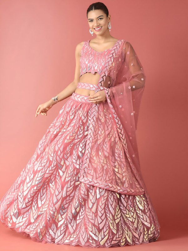 Light Pink Sequins Designer Embroidered Lehenga Choli with Net Dupatta