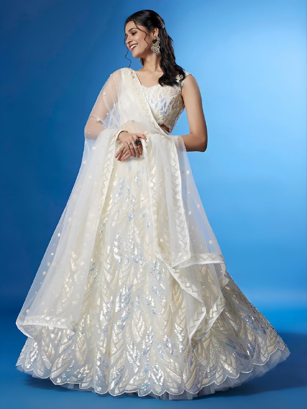 White Sequins Designer Embroidered Lehenga Choli with Net Dupatta
